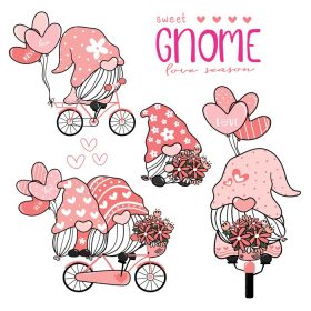 دانلود وکتور گنوم ناز شیرین در کلاه صورتی روی دوچرخه با بادکنک قلب مجموعه زوج عاشق گنوم عشق والنتی نه مجموعه عناصر