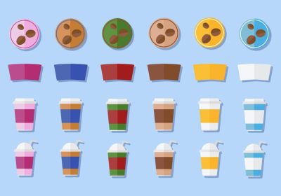 دانلود وکتور چند رنگ مختلف آستین قهوه روی فنجان قهوه فنجان های فراپوچینو با آستین قهوه روی آنها لوگوی قهوه برای قرار دادن روی آستین و هر آستین