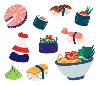 دانلود مجموعه وکتور غذای ژاپنی سوشی رول ماهی ساشیمی و نودل غذاهای دریایی با سس سویا برنج واسبی تصاویر وکتور غذاهای آسیایی جدا شده در پس زمینه سفید