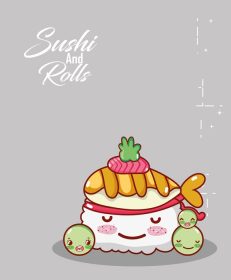 دانلود وکتور کاوایی برنج سوشی ماهی نخود فرنگی غذای کارتون ژاپنی سوشی و رول
