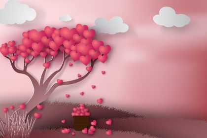 دانلود وکتور کاغذی طرح روز ولنتاین مبارک با قلب درختی در پس زمینه صورتی