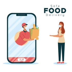 دانلود وکتور کارگر تحویل غذای ایمن با کیف مواد غذایی و مشتری در طرح تصویر برداری گوشی هوشمند