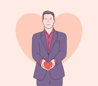 دانلود وکتور داستان عشق یا مفهوم روز ولنتاین مرد خوش تیپ بامزه با ژاکت و پیراهن قرمز که شکل قلب بزرگ قرمز را در دست دارد
