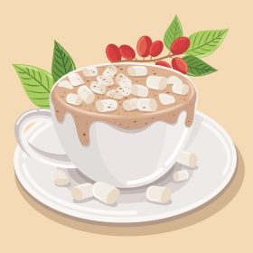 دانلود وکتور فوم اسپیرال قهوه لاته داغ کاپوچینو با مارشمالو پاشیده شده روی آن و پودر شکلات