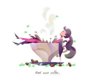 دانلود مفهوم وکتور به سبک مسطح با زن دراز کشیده در فنجان بزرگ قهوه و متن به قهوه بیشتری نیاز دارد