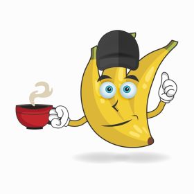 دانلود وکتور شخصیت طلسم موز که یک فنجان قهوه داغ در دست دارد وکتور تصویر