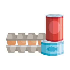 دانلود وکتور ست تخم مرغ در بسته بندی مقوا با غذا در قوطی
