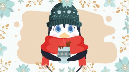 دانلود وکتور پنگوئن ناز کوچولو در کلاه زمستانی و روسری نگه می دارد