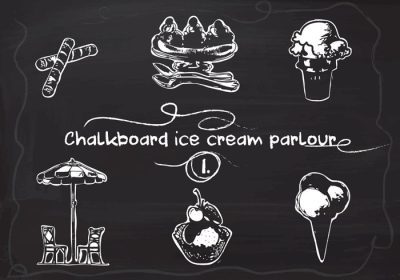 دانلود وکتور ست بستنی با دست کشیده روی پس زمینه وکتور تخته سیاه برای برچسب پوستر کارت تبریک وب سند و سایر سطوح تزئینی