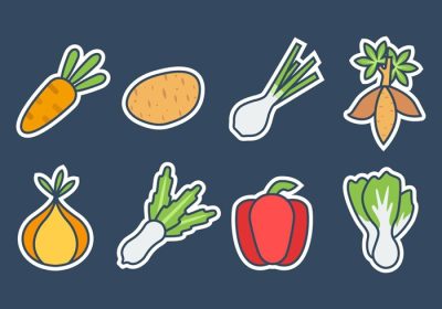 دانلود مجموعه وکتور آیکون سبزیجات تازه رایگان به سبک استیکرها شامل در مجموعه کاهو هویج سیب زمینی کاساوا