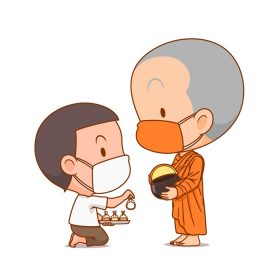 دانلود وکتور شخصیت کارتونی راهبان بودایی دریافت غذا از پسر