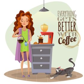 دانلود وکتور زن جوان در حال ریختن قهوه در فنجان با دستگاه قهوه ساز و تصویر وکتور گربه
