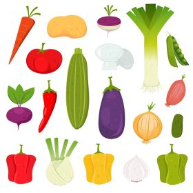 دانلود وکتور تصویر مجموعه کارتونی سبزیجات بهاره چاشنی های مختلف و مواد لازم برای دستور غذا