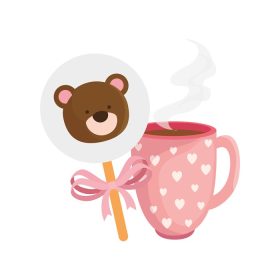 دانلود وکتور صورت خرس عروسکی زیبا در چوب با فنجان قهوه