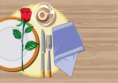 دانلود وکتور رومیزی قهوه ای دستمال سفره سفید با چنگال چاقو و سروش عالی برای پوستر و منوی رستوران