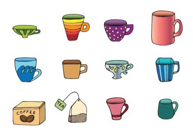 دانلود وکتور وکتور فنجان های رنگارنگ با طرح های مختلف وکتور فنجان چای و لیوان قهوه آماده استفاده به عنوان آیکون یا منو