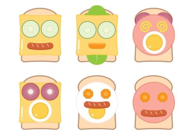 دانلود وکتور جعبه نهار مدرسه برای بچه ها با غذا در قالب چهره های خنده دار