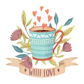 دانلود وکتور طراحی دستی فنجان قهوه یا چای در پس زمینه بهاری با گل قلب و روبان برای متن با عشق بهترین برای پوستر کارت عشق طرح دعوت مهمانی