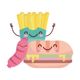 دانلود وکتور ساندویچ سوسیس و سیب زمینی سرخ کرده منو شخصیت کارتونی غذا تصویر وکتور زیبا