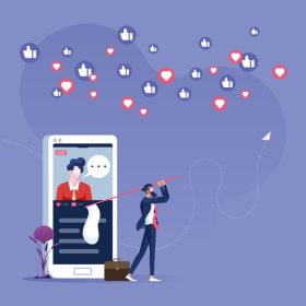 دانلود وکتور تاجر در حال تعقیب شست و نماد قلب مفهوم بازاریابی رسانه های اجتماعی