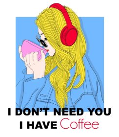 دانلود وکتور نقاشی دستی دختر در حال نوشیدن قهوه با هدفون و تایپوگرافی