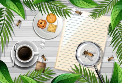 دانلود وکتور یادداشت خالی روی میز با زنبور و قهوه