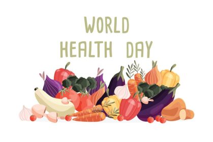 دانلود وکتور قالب پوستر افقی روز جهانی سلامت با مجموعه ای از سبزیجات تازه ارگانیک با نقاشی دستی رنگارنگ روی زمینه سفید غذای گیاهی و وگان