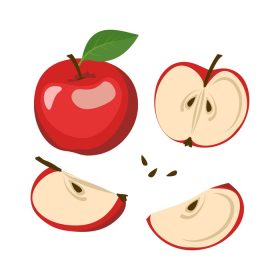 دانلود وکتور نمادهای سیب قرمز مجموعه میوه ها و نصف کامل با دانه و برگ غذا برای یک رژیم غذایی سالم میان وعده شیرین وکتور تصویر مسطح