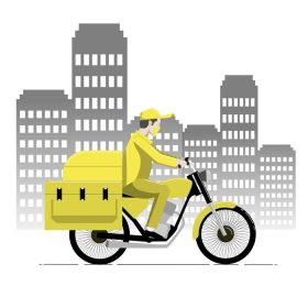 دانلود وکتور مرد تحویل دهنده غذا از موتور سیکلت پیک سفارشی زرد رنگ با جعبه تحویل غذا به مشتری استفاده می کند