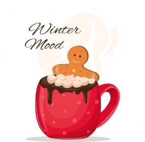 دانلود وکتور x mas کارت پستال کریسمس شیرینی زنجبیلی در فنجان قهوه قرمز