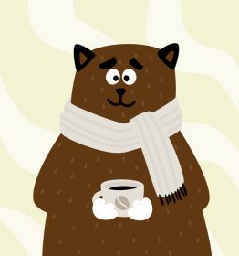 دانلود وکتور خرس یا گربه ناز با یک فنجان قهوه یا چای در روسری