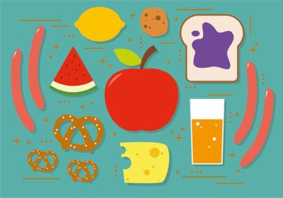 دانلود وکتور ست طرح غذای اسنک با عناصر مختلف برای برچسب پوستر کارت تبریک وب سند و سایر سطوح تزئینی