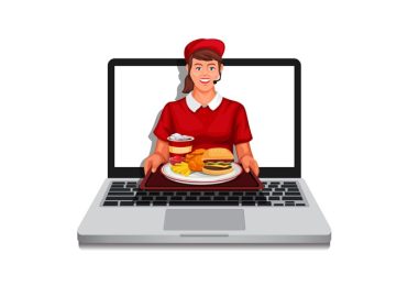 دانلود وکتور دختر کارگر فست فود دادن غذا از لپ تاپ سفارش آنلاین