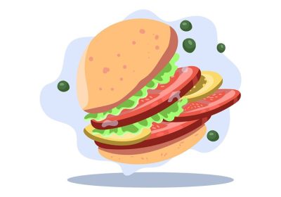 دانلود وکتور این یک تصویر از غذای سالم است که همبرگر را با تکه های گوجه فرنگی به تصویر می کشد.