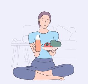 دانلود وکتور مفهوم آشپزی غذای گیاهی سلامتی زن جوان شخصیت کارتونی گیاهخواری که سینی سرو با میوه و سبزیجات تازه دارد