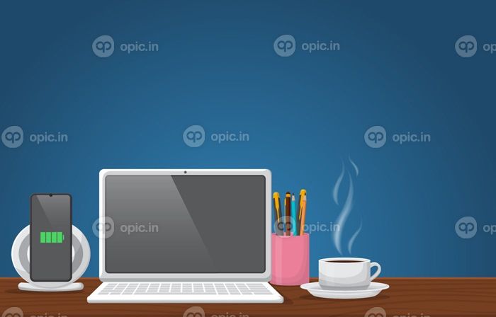 دانلود وکتور تصویر لپ تاپ و فنجان قهوه روی میز اداری