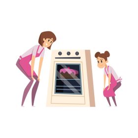 دانلود وکتور شخصیت های شاد زوج والدین بچه ها در حال تهیه غذا نانوایی
