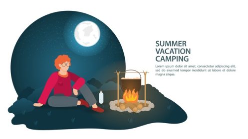 دانلود وکتور بنر برای طراحی کمپینگ تابستانی در طبیعت پسری که شب ها نزدیک آتشی که در آن غذا در حال آماده شدن است می نشیند تصویر برداری مسطح