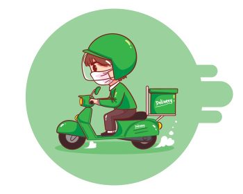 دانلود وکتور تحویل غذا مرد سوار موتور سیکلت تصویر هنری کارتونی