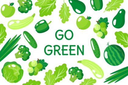 دانلود وکتور وکتور تصویر کارتونی پوستر سبز رنگ با سبزیجات و میوه های غذایی سبز سالم جدا شده در پس زمینه سفید