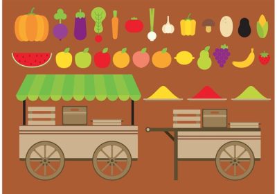 دانلود وکتور برای محصولات طبیعی شما مشاغل سبز مغازه های ارگانیک یا غذاهای مزرعه ای این مجموعه می تواند مفید باشد دانلود این مجموعه چرخ دستی های غذا میوه و سبزیجات برای ایجاد گرافیک عالی برای کسب و کار شما