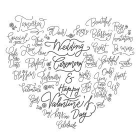 دانلود وکتور روز ولنتاین و دست عروسی نوشته عبارات کلمات خوب نقل قول به شکل قلب با گل در پس زمینه سفید جدا شده
