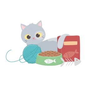 دانلود وکتور گربه ها مرا خوشحال می کند گربه خاکستری با غذا توپ پشمی تصویر وکتور استخوان ماهی