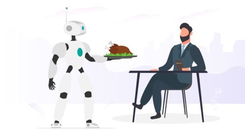 دانلود وکتور ربات پیشخدمت غذا برای مرد آورد ربات فلزی نگه می دارد