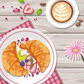 دانلود وکتور کروسان صبحانه با میوه ها و یک فنجان قهوه روی میز