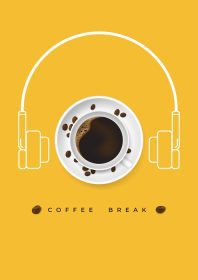 دانلود وکتور فنجان واقعی قهوه و دانه های قهوه با شکل هدست و طرح مفهومی آرامش بخش پوستر تبلیغاتی وکتور نما نمای بالا