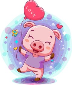 دانلود وکتور بچه خوک کوچک که بادکنک قلبی صورتی در دست دارد