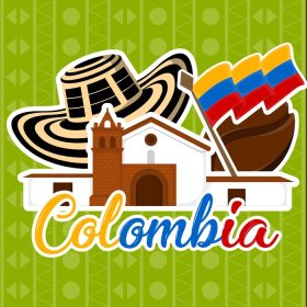دانلود وکتور کلیسای با دانه قهوه کلاه و پوستر پرچم کلمبیا