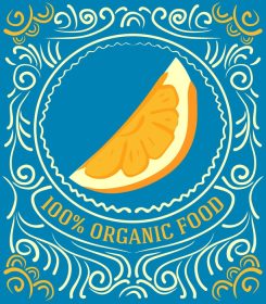 دانلود وکتور لیبل وینتج با نارنجی و حروف درصد مواد غذایی ارگانیک