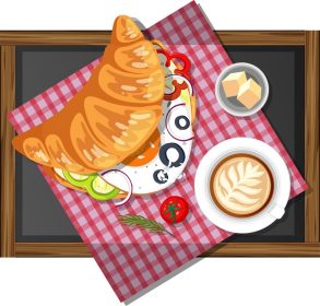 دانلود وکتور ساندویچ کروسان صبحانه با یک فنجان قهوه در بشقاب چوبی جدا شده